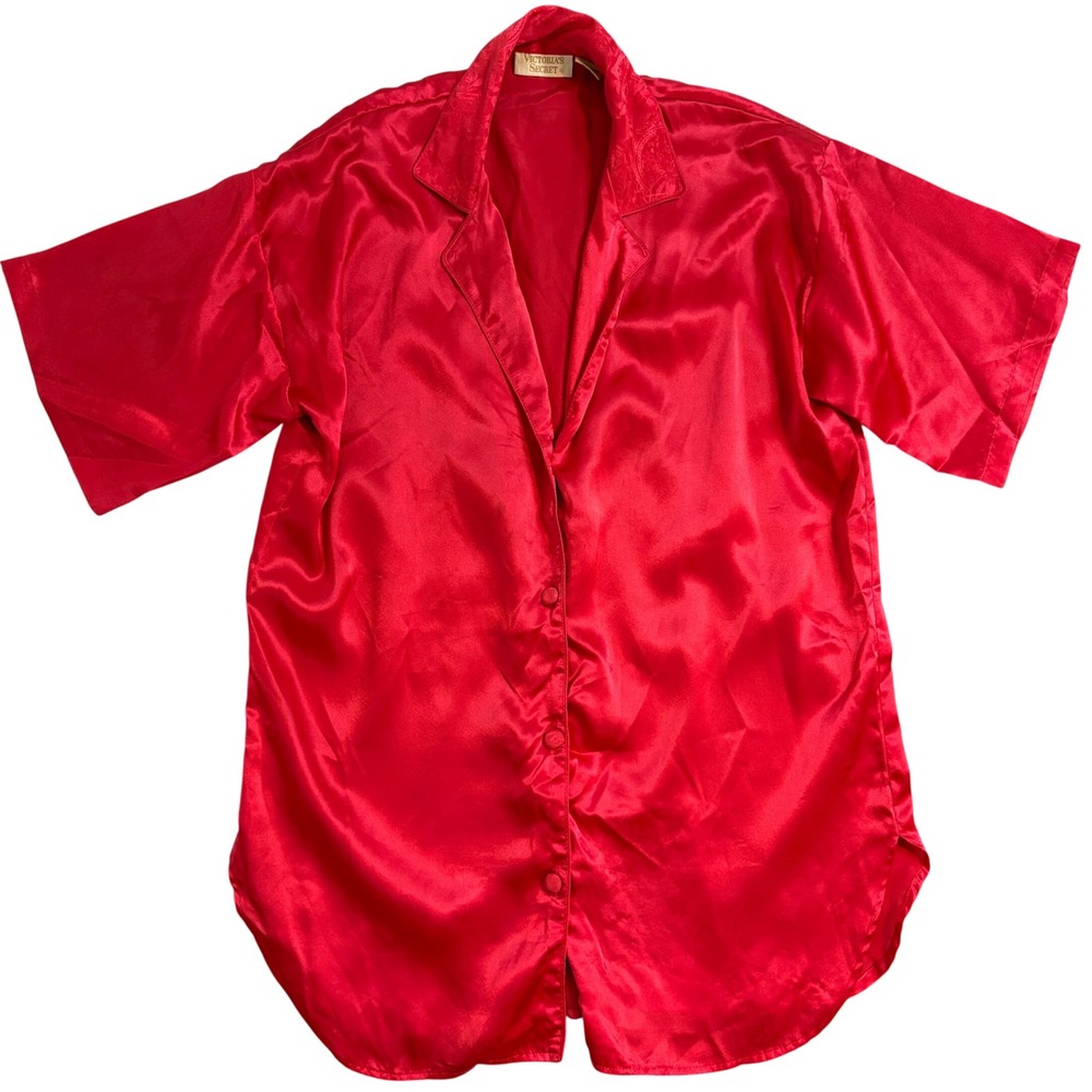 VTG Victorias Secret Gold Label Red Satin Sleep Shirt Pajama Top Petite Small
